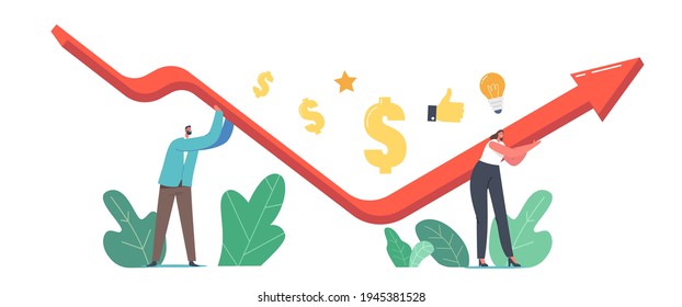 Economic Recovery, Revival Concept. Businessman and Businesswoman Characters Work Together Rising Up V Shaped Arrow Graph Trying to Survive during Global Crisis. Cartoon People Vector Illustration