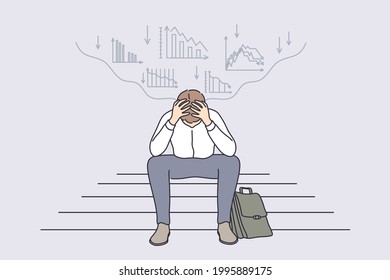 Economic regression, failure in business concept. Tired or stressed businessman cartoon character sitting on ladder stairs in panic feeling depressed stock market financial background