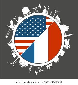 Economic relationship between USA and France. National flags. Teamwork concept. Energy generation and heavy industry. Objects located around the circle.