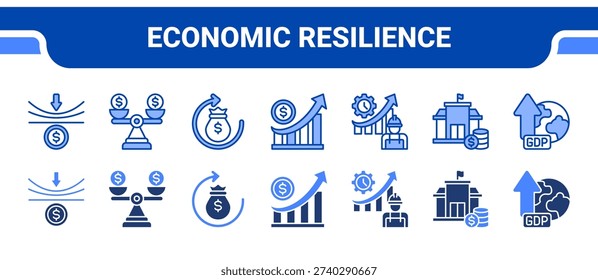 Economic Resilience Icon Collection, featuring Resilience, Stability, Recovery, Growth, Productivity, Finance, GDP.