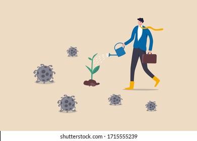 Economic restoration after Coronavirus COVID-19 outbreak crisis, post pandemic era government policy to help business recover concept, businessman watering seedling plant with death virus pathogen.