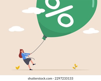 Economic risk or investment bubble concept. FED, Federal Reserve try to tame inflation down by interest rate hike. Businesswoman Federal Reserve or government try to pull big inflation balloon down.