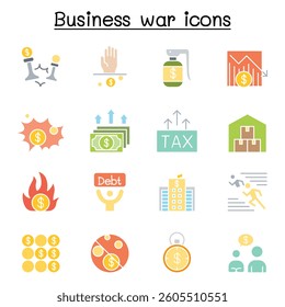 Economic sanction, Business war, trade war, business crisis icon set in flat color style