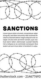 Economic sanctions design template for media. Vertical image with barbed wire, title and dummy text. International punishment.