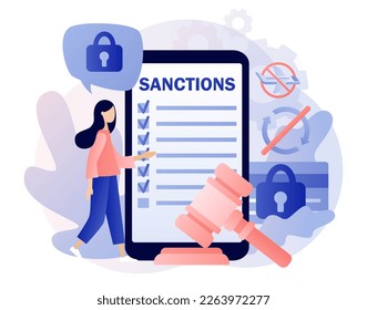 Sanciones económicas en la pantalla de un smartphone. Proteger el derecho internacional. Paz y seguridad en el país. Concepto político. Limitar, prohibir o dejar de comerciar. Estilo moderno de dibujos animados planos. Ilustración del vector 