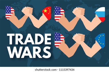 Economic Sanctions. Trade Wars Concept. USA vs Russia, China, EU. Vector illustration