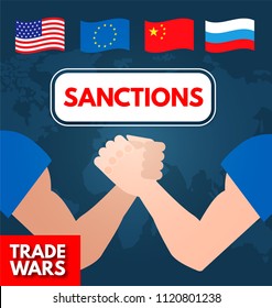 Economic Sanctions. Trade Wars Concept. USA vs Russia, China, EU. Vector illustration