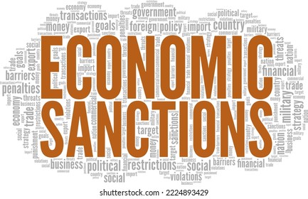 Sanciones económicas diseño conceptual de nube de palabras aislado en un fondo blanco.