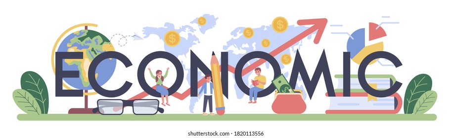 Encabezado tipográfico de asignatura de escuela económica. Estudiante estudiando economía y presupuesto. Idea de economía, inversión y fundación globales. Ilustración vectorial en estilo de caricatura