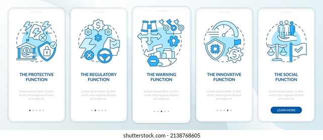Economic security functions blue onboarding mobile app screen. Protection walkthrough 5 steps graphic instructions pages with linear concepts. UI, UX, GUI template. Myriad Pro-Bold, Regular fonts used