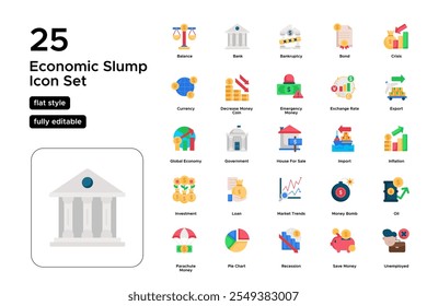 Economic Slump Flat Icon Set: Declining Growth, Rising Unemployment, and Reduced Consumer Spending Icons
