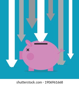 Economic Slump And Money Saved In Piggy Banks, Vector Illustration In Flat Style