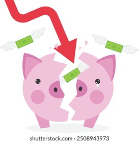 Queda econômica e dinheiro economizado em mealheiros, ilustração Vetor em estilo plano

