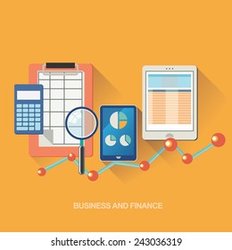 Economic statistic, web analytics. Financial examiner. Vector illustration.Smart phone and target market for business