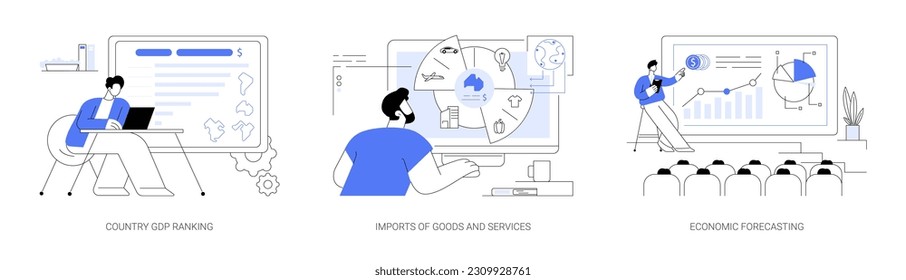 Economic statistics abstract concept vector illustration set. Country GDP ranking, imports of goods and services, economic forecasting, data analyst, financial growth report abstract metaphor.