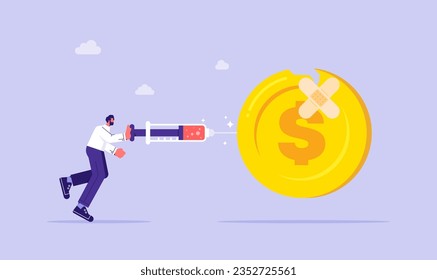 Economic stimulus, monetary policy in economic in financial crisis or economic recession, Businessman carrying syringe of money medicine to inject broke dollar coin