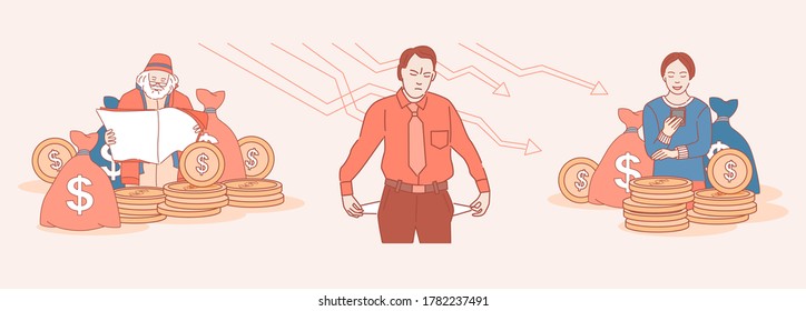 Ilustración de la caricatura del vector del éxito económico y la quiebra. Feliz mujer y anciano rodeados de monedas de oro y triste hombre enojado con bolsillos volteados hacia afuera, sin dinero.