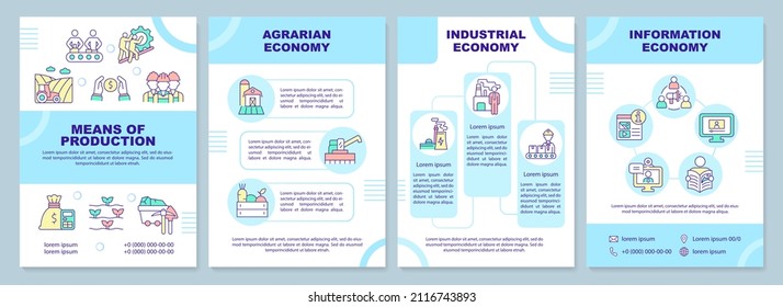 Economic system blue brochure template. Production and distribution Leaflet design with linear icons. 4 vector layouts for presentation, annual reports. Arial-Black, Myriad Pro-Regular fonts used