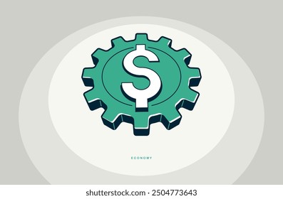 Póster de concepto de sistema económico, engranajes con ilustración de estilo de icono de Vector de signo de dólar, metáfora de procesos económicos, circulación de dinero, negocios.