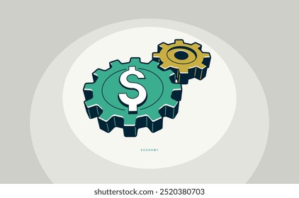 Economic system concept poster, gears with dollar sign vector icon style illustration, economical processes metaphor, money circulation, business.