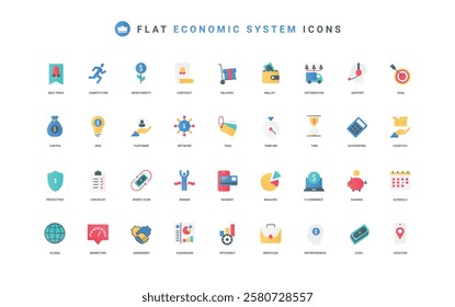 Economic system efficiency, financial investment, accounting color icon set. Contract money flow and dashboard analysis, payment support and protection, marketing idea flat element vector illustration