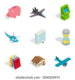 Economic system icons set. Isometric set of 9 economic system vector icons for web isolated on white background