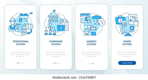 Economic system types blue onboarding mobile app screen. Selling, buying walkthrough 4 steps graphic instructions pages with linear concepts. UI, UX, GUI template. Myriad Pro-Bold, Regular fonts used