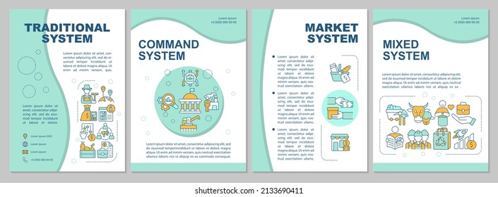 Modelo de folleto de acuñación de tipos de sistemas económicos. Productos manufactureros. Diseño del prospecto con iconos lineales. 4 diseños vectoriales para presentación, informes anuales. Arial-Black, Myriad Pro-Regular fuentes utilizadas