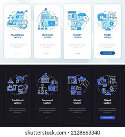 Economic system types night and day mode onboarding mobile app screen. Walkthrough 4 steps graphic instructions pages with linear concepts. UI, UX, GUI template. Myriad Pro-Bold, Regular fonts used