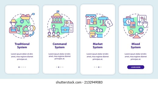 Economic system types onboarding mobile app screen. Selling and buying walkthrough 4 steps graphic instructions pages with linear concepts. UI, UX, GUI template. Myriad Pro-Bold, Regular fonts used