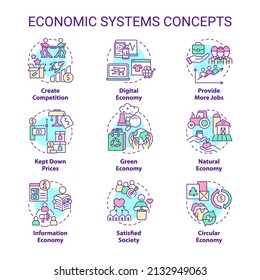 Economic systems concept icons set. Manufacturing and distribution. Goods and service idea thin line color illustrations. Isolated symbols. Editable stroke. Roboto-Medium, Myriad Pro-Bold fonts used