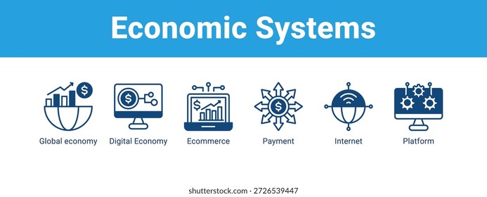 Concepto de Ilustración vectorial de ícono de Anuncio de Web de sistemas económicos, con ícono de economía global, economía digital, comercio electrónico, pago.