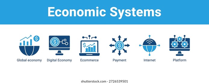 Concepto de Ilustración vectorial de ícono de Anuncio de Web de sistemas económicos, con ícono de economía global, economía digital, comercio electrónico, pago.