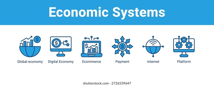Concepto de Ilustración vectorial de ícono de Anuncio de Web de sistemas económicos, con ícono de economía global, economía digital, comercio electrónico, pago.