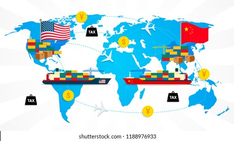 Economic trade between USA and China Vector illustration, Global logistics network. Flat design.