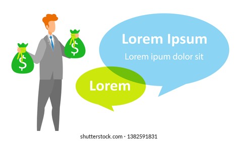 Economic Training Courses Flat Banner Template. Entrepreneur in Suit Holding Money Cartoon Character. Banking Service, Bank Loan Offer. Successful Businessman with Cash Bags Vector Illustration