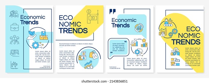 Economic trends blue and yellow brochure template. Business processes. Leaflet design with linear icons. 4 vector layouts for presentation, annual reports. Anton, Lato-Regular fonts used