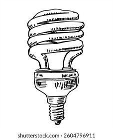 Economic twisted lamp. Sketch. Lighting equipment with base. Ecology and savings. Hand drawn vector illustration isolated in white background
