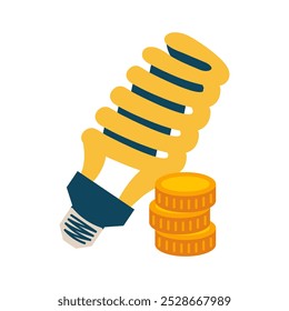 Economic Twisted Lamp and stack of gold Coins. Ecology and savings. Money, cash. Lighting equipment with base. Electricity consumption, energy payment. Flat style. Isolated. Color vector illustration