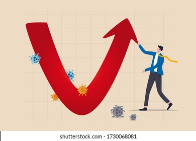 Economic V shape recovery after Coronavirus COVID-19 crash concept, businessman professional analyse world economic, business will recover and restore with v shape graph and chart with virus pathogen