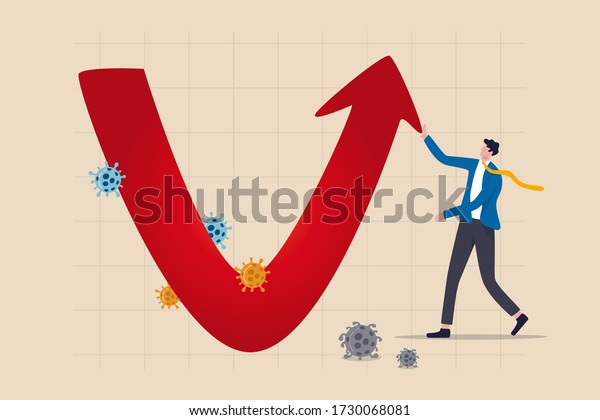 Economic V shape recovery after Coronavirus\
COVID-19 crash concept, businessman professional analyse world\
economic, business will recover and restore with v shape graph and\
chart with virus\
pathogen