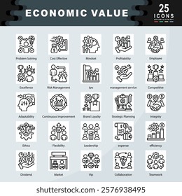 Economic Value icon set containing Problem Solving, Cost Effective, Mindset, Profitability, Employee, Excellence, Risk, Ipo, management service, Competitive, Adaptability icon. Simple line vector