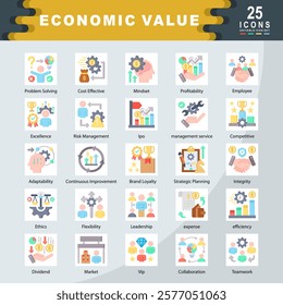 Economic Value icon set containing Problem Solving, Cost Effective, Mindset, Profitability, Employee, Excellence, Risk, Ipo, management service, Competitive, Adaptability icon. Simple flat vector