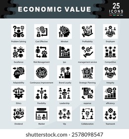 Economic Value icon set containing Problem Solving, Cost Effective, Mindset, Profitability, Employee, Excellence, Risk, Ipo, management service, Competitive, Adaptability icon. Simple glyph vector