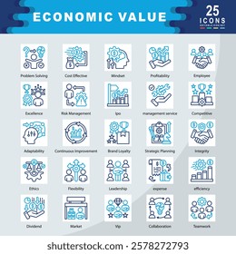 Economic Value icon set containing Problem Solving, Cost Effective, Mindset, Profitability, Employee, Excellence, Risk, management service, Competitive, Adaptability icon. Simple vector illustration