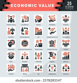 Economic Value icon set containing Problem Solving, Cost Effective, Mindset, Profitability, Employee, Excellence, Risk, management service, Competitive, Adaptability icon. Simple vector illustration