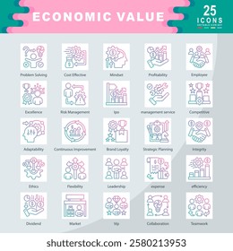 Economic Value icon set containing Problem Solving, Cost Effective, Mindset, Profitability, Employee, Excellence, Risk, Ipo, management service, Competitive, Adaptability icon. simple gradient vector