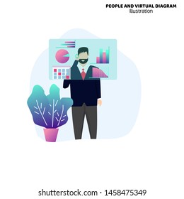 Economic vector peeople and virtual diagram, economic illustration, worker character 