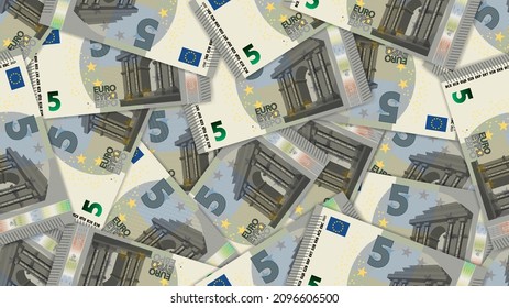 Economic wallpaper or rectangular seamless pattern. European paper money scattered randomly. 5 euro banknotes with shadows