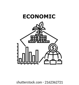 Concepto de icono del vector de riqueza económica. Contabilidad De Riqueza Económica Y Gestión Financiera, Investigación Del Mercado De Comercio Financiero E Inversión Presupuestaria En Empresas Nuevas O Internacionales Ilustración Negra